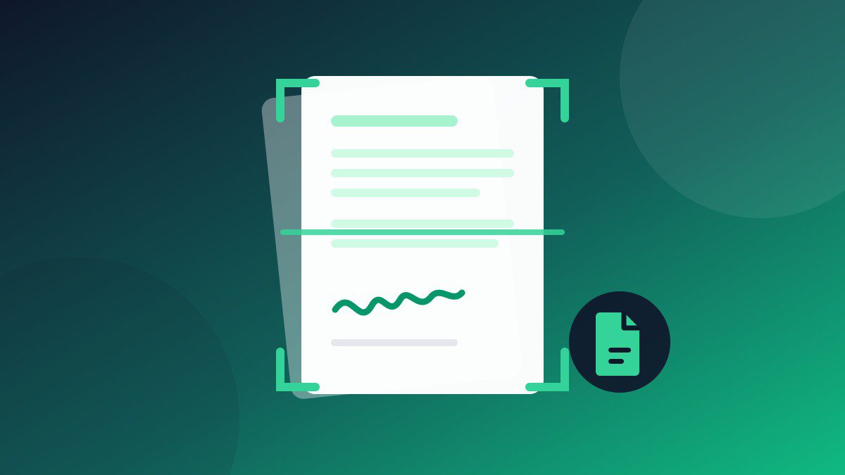 Skanowanie dokumentu z ramką skanera, podpisem i ikoną pliku PDF