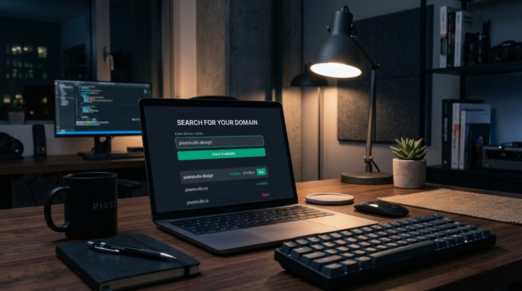 Wyszukiwanie i sprawdzanie wolnej nazwy domeny internetowej na ekranie laptopa