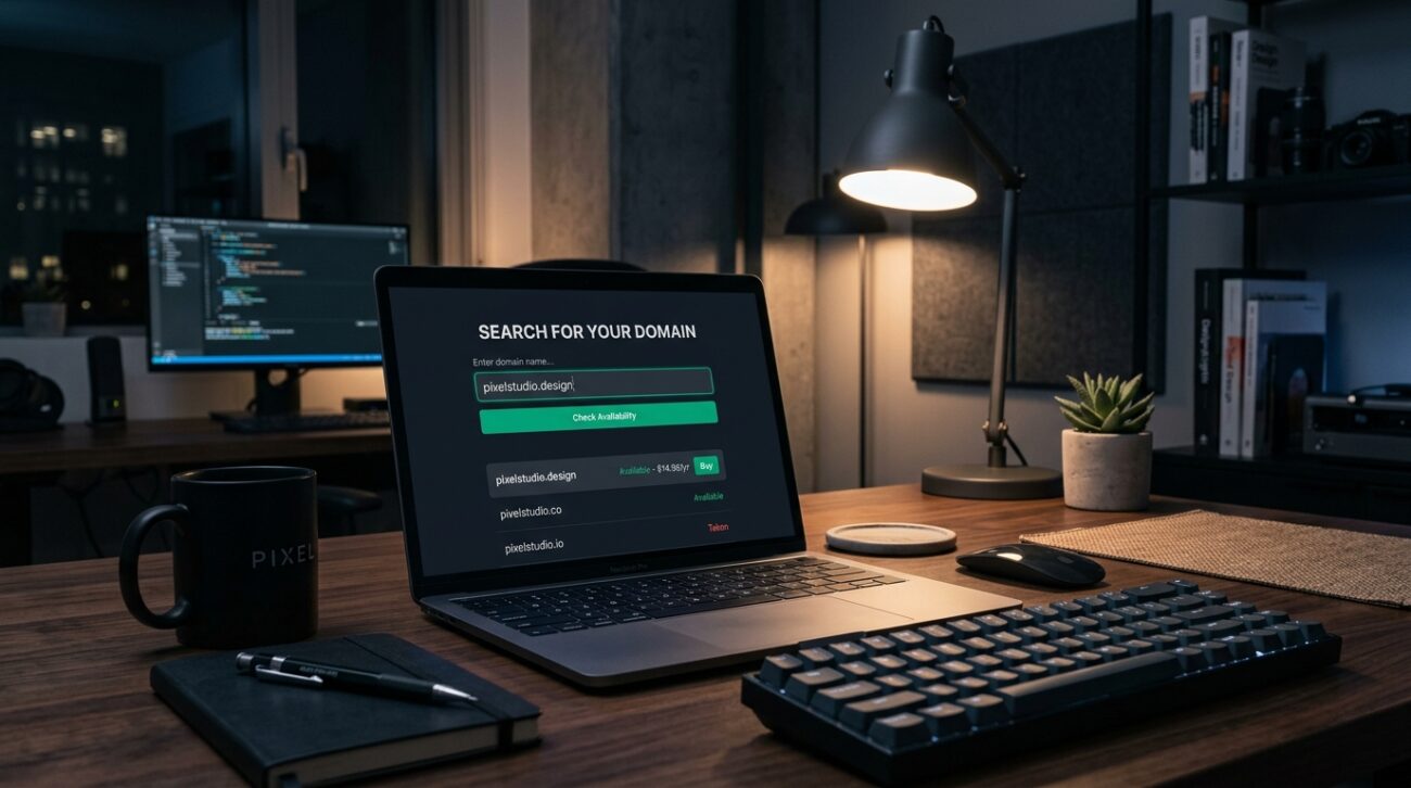 Wyszukiwanie wolnej nazwy domeny na ekranie laptopa